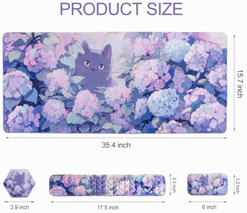 Petmolico 4-in-1 Wrist Rest Set with Desk Pad, Blue Flower Cat