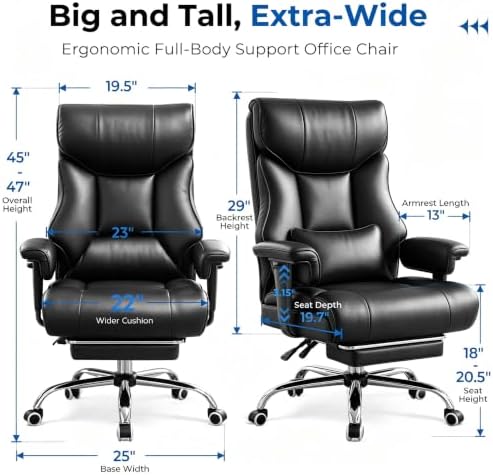 COMHOMA Big and Tall Office Chair,Heavy Duty Gaming Chair with Foot Rest and Wide Pocket Spring Cushion Reclining Height Adjustable for Home Office Work, Comfy Pu Leather Black