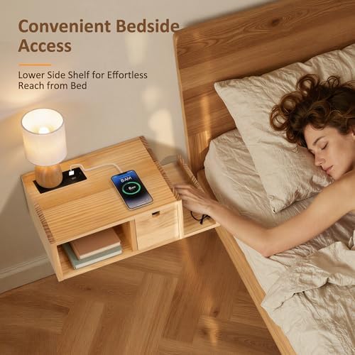 Afuly Floating Nightstand Set of 2 with Charging Station Wood Bedside Table