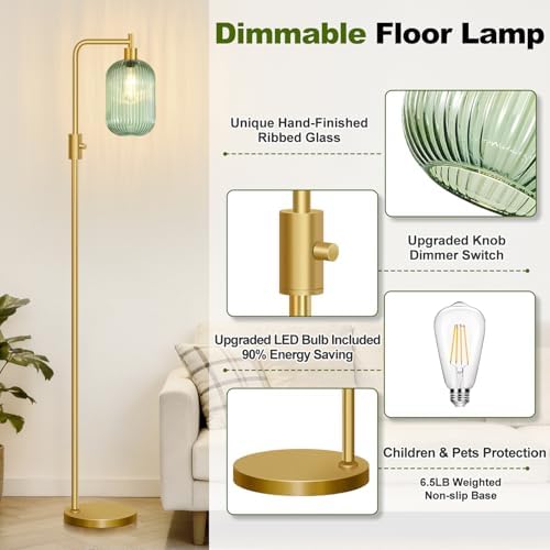 【Upgraded】 Dimmable Floor Lamp for Living Room with Green Ribbed Glass Lampshade, Gold Modern Floor Lamp with 900LM LED Bulb Included, Arc Standing Tall Lamp for Bedroom, Office, Reading Room, Corner