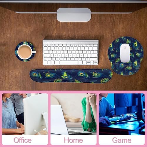 Blue Peacock Feather Keyboard Wrist Rest Pad and Mouse Pad Wrist Support Set,3-in-1 Ergonomic Mouse Pad with Non-Slip Rubber Base for Home Office Game Computers Desk,
