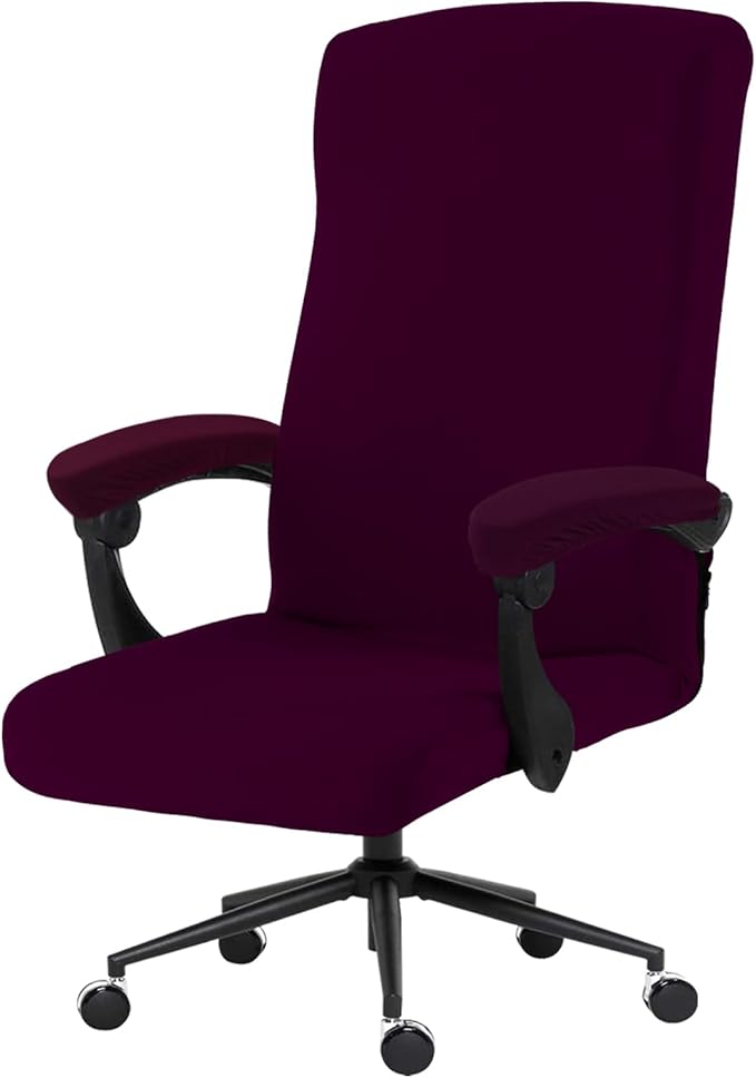 Stretch Computer Office Chair Cover with Armrest Covers Durable Zipper Universal Washable Removable Spandex Rotating Boss Chair Slipcovers Anti-dust Soft Desk Chair Seat Protector, Plum