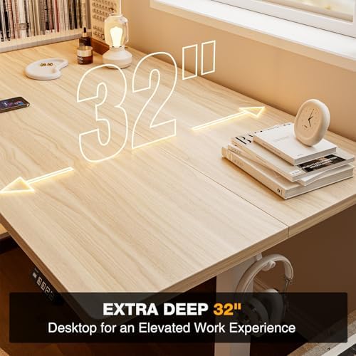 Grandder 55x32 Large Electric Standing Desk, Height Adjustable Computer Desk with 2 Memory Presets, 31.5" Deep Desktop Sit Stand Desk Home Office Desk Workstation Table with Hooks, Light Walnut