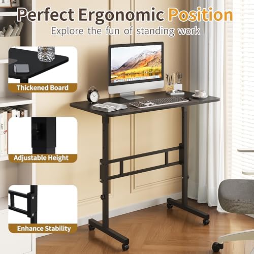 Panana Small Standing Desk Adjustable Height, Mobile Rolling Stand Up Desk with Wheels, 32 Inch Portable Rolling Desks Computer Office Workstations Walking Pad (Black)