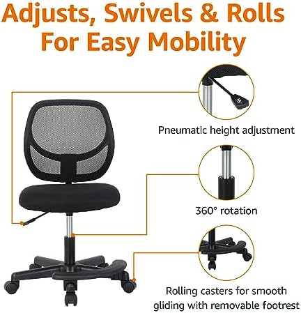 Amazon Basics Kids Adjustable Height Mesh Low-Back Swivel Desk Chair with Footrest, Rolling Chair with Casters for Smooth Mobility, Black