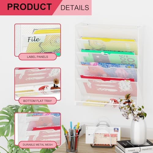 Hanging Wall File Organizer 6 Tier Wall Mounted File Holder Document Wall Organizer Magazine Organization for Office Home, White