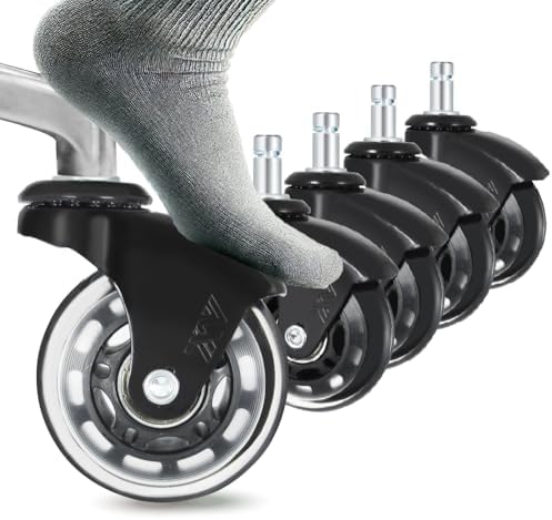 AXL Office Chair Caster Wheels Replacement - Silent Inline Skate Style Chair Casters (Set of 5), Safe for Hardwood Floors & Carpet, Universal Fit (Black/Clear)