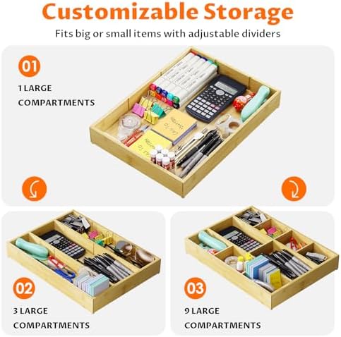 Bamboo Drawer Organizer with 9 Adjustable Compartments, Desk Storage Tray