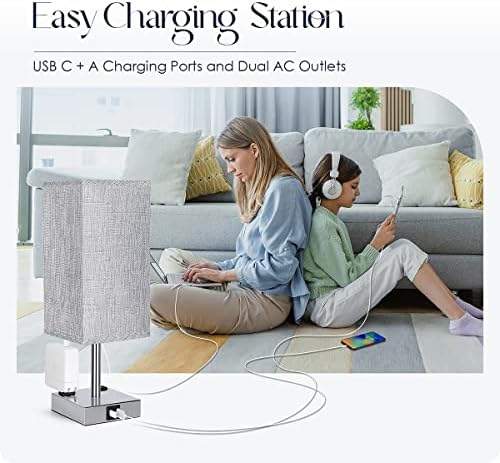 Bedside Lamp with USB Ports - Touch Control Table Lamp for Bedroom with USB C+A Charging Ports & AC Outlets, 3 Way Dimmable Nightstand Light for Living Room (LED Bulb Included, Chrome - Grey)