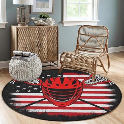 Fashion Round Area Rug Large Non Slip Carpet Unisex Home Decor Mat Lacrosse American Flag