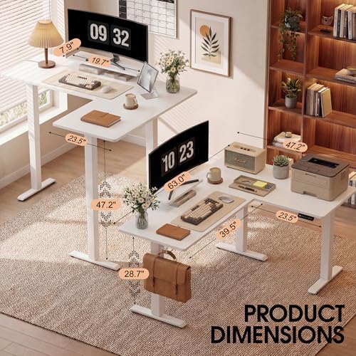 Furmax 63 x 47 Inch L Shaped Standing Desk with 2 Preset Heights, Electric Height Adjustable Computer Desk, Corner Sit Stand Desk for Home Office, 2 Hooks & Feet Balance (White, 63 x 47 Inch)
