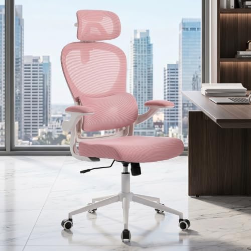 LuxErgo Ergonomic Office Chair, High Back Home Office Chair with 4D Adjustable Headrest & Lumbar Support, 330lbs Capacity Mesh Desk Chairs with Flip-Up Arms, Comfortable Computer Chairs, Pink
