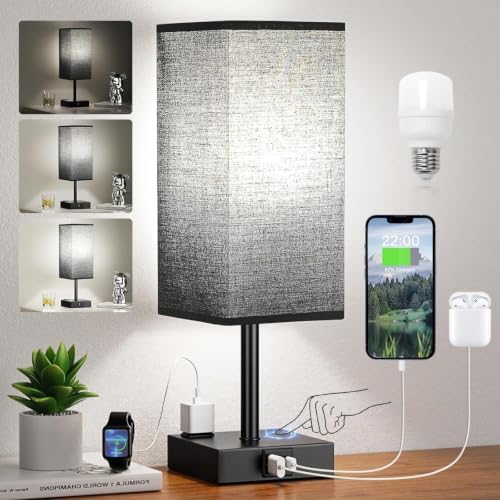 Black Bedside Table Lamp for Bedroom - Dimmable Touch, USB C+A, AC Outlet