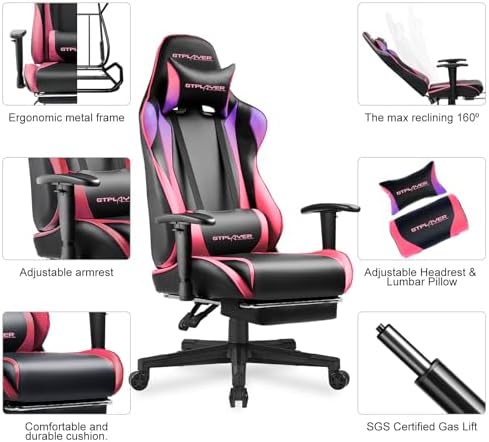GTPLAYER Gaming Chair with Footrest, Ergonomic Computer Game Desk Chair, Reclining Gaming Chair Seat Height Adjustment, Swivel Rocker with Headrest and Lumbar (Colorful)