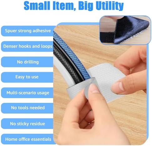 80PCS Hook and Loop Cable Ties, Under Desk Cable Management, Adhesive Cable Straps, Cord Management Hider Idea, Cord Organizer for Desk, Computer Accessories, Home Office Organization, White+Gray