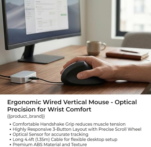 Yunseity Vertical Mouse USB Wired Ergonomic Mouse with 3 Buttons and 4.4ft Cable for PC Laptops Ergonomic Design 60 Angle Lightweight Optical Tracking