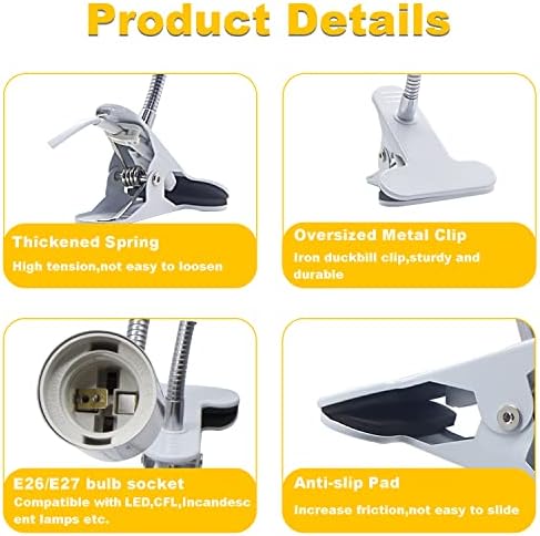Clip Lamp Holder Adjustable Light Bulb Stand Clamp Lights Flexible Clamp Lamp E26/E27 Neck Clip Lighting Fixture Desk Lamp Holder with On/Off Switch Study Reading Lamp (No Bulb)