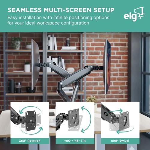 ELG Dual Monitor Stand, Gas Spring with Independent Arms, 17-35" Screens up to 19.8 lbs Each, 360° Rotation & Tilt, C-Clamp & Grommet, Height Adjusts to 16.1", VESA 75x75 to 100x100mm, Black