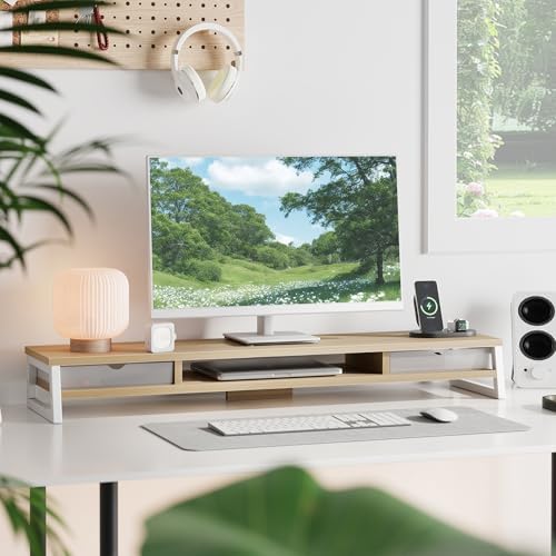 Fenge Dual Monitor Stand Riser, 42.5in Desk Shelf with 2 Drawers, Oak