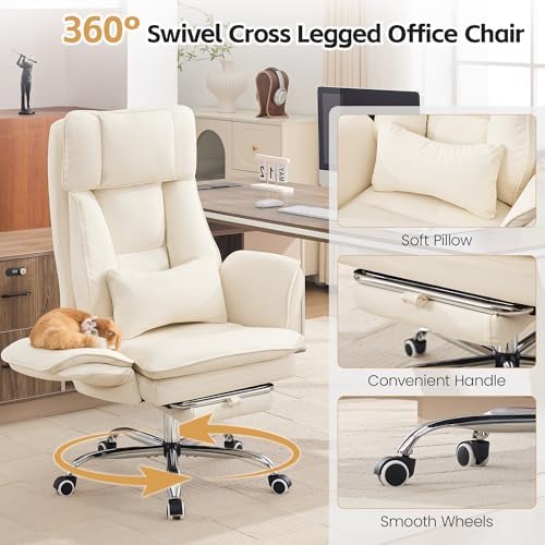 HUBSON Big and Tall Office Chair, Footrest & Flip Armrest for Pets, Beige