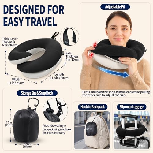 BUYUE Travel Neck Pillows for Airplanes, Memory Foam 360° Head Support Sleep for Long Flight, Skin-Friendly & Breathable, Kit with Eye Mask, Earplugs and Storage Bag (Adult, Black, 90+ lbs)