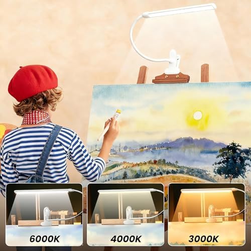 Clip-on Easel Lights for Artists Painting with On/Off Switch Cord, 3 Color Modes, Dimmable Clip Lamps for Over Painting Easel, Desk, Drawing with Flexible Arm, USB-Powered (White)