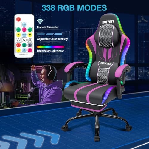 HOFFREE LED Gaming Chair with Bluetooth Speaker RGB Light Game Chair-Purple