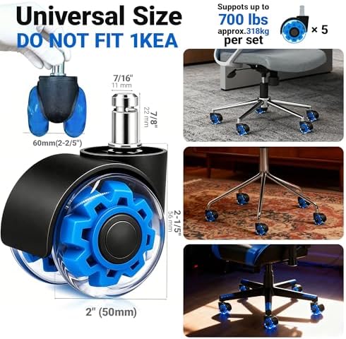 Blue Office Chair Casters, 2 Inch Heavy-Duty Rubber Chair Casters Replacement, Computer Gaming Desk Chair Casters Wheels-Set of 5, Smooth Rolling for Hardwood Carpet Tile Floors, 11*22mm Universal fit