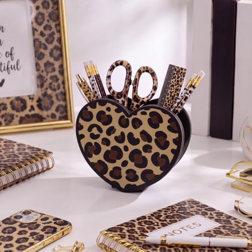 Tenceur Leopard Print Heart Holder for Desk Large Capacity heart Wood Pencil Holder Coquette Supplies Desk Organizer Cute Teacher Office Decor Makeup Brush Holders Back to School Gift for Girls Women