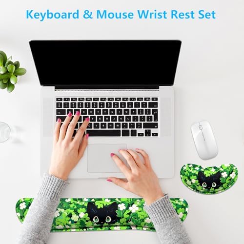 Dapesuom Enlarge Keyboard Wrist Rest, Memory Foam Wrist Cushion for Desk Mats Support, Typing Pain Relief Keyboard Mouse Pad Rests Set with Non-Slip Base for Gaming Laptop Computer, Anime Grass Cat