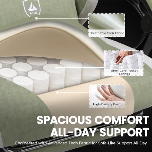 GTPLAYER Gaming Chair Fabric with Pocket Spring Cushion, Big and Tall Gamings Chairs 350LBS High Back Computer Chair with Footrest for Adults Lumbar Support Swivel Game Chair for Office Green