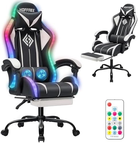 HOFFREE LED Gaming Chair with Massage RGB Lights Computer Game Chair-White