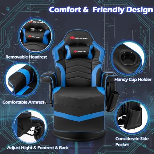 POWERSTONE Gaming Recliner, Adjustable Massage Gaming Chair with Cup Holder Footrest Ergonomic Single Sofa Living Room Home Theater Seating with Side Pouch (Navy Blue)
