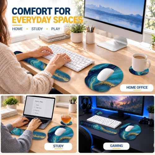 Blue Gold Marble Mouse Pad with Wrist Rest, Keyboard Support and Coaster
