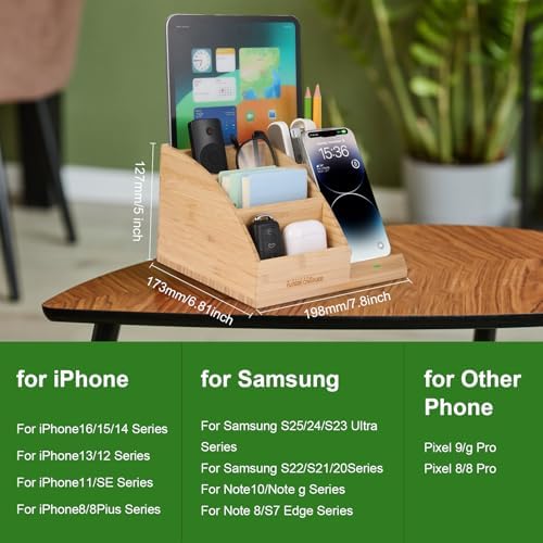 Bamboo Pen Holder for Desk & Nightstand Organizer with Fast Wireless Charging for iPhone, Samsung & More – Office Desk Accessories for Men/Women (Natural)