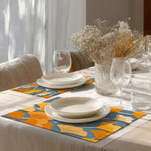 Shrahala Autumn Ginkgo Leaves Set of 8 12 X 18 Inch Linen Placemats, Yellow Leaves Blue Background Burlap Table Mat Washable Double Layered Heat Insulation for Indoor