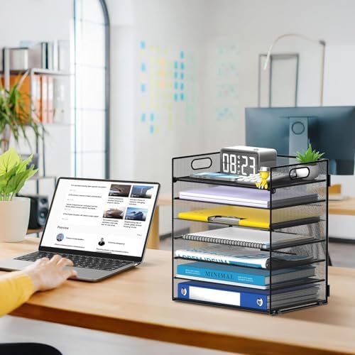7 Tier Paper Organizer for Desk with Mesh Letter Trays and Handle 2 Pack