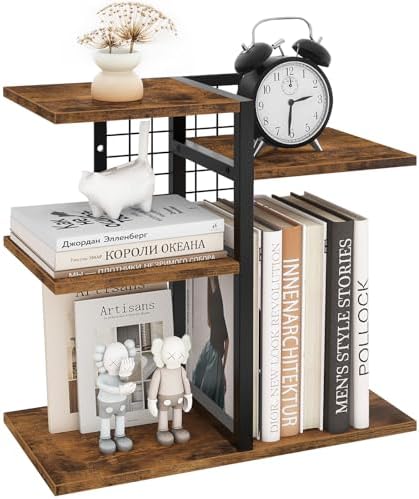 ELITEROO Desktop Shelf Organizer, 4-Tier Wooden Desk Bookshelf, Small Tabletop Book Shelf, Adjustable Display Rack for Home, Office, Dorm, Rustic Brown