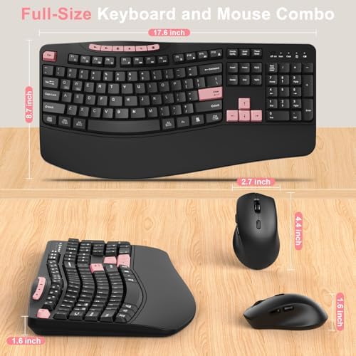 Wireless Keyboard and Mouse Combo, 2.4G Ergonomic Wave Keys(Pink-B)