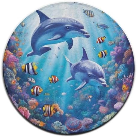 Home Decor Non Slip Kitchen Office Circle Rug, Machine Washable Modern Round Area Rug, Room Sofa Yoga Soft Round Carpet Sea Underwater Beautiful Sea World Dolphins, 24inch