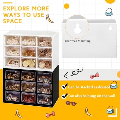 Wenqik 2 Pcs Mini Storage Drawers with 9 Clear Drawers, Black, White