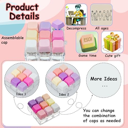 Keyboard Fidget Toy, Keyboard Fidget Keychain 9-in-1 Keyboard Decompression Button Finger Clicker Toys Stress Relief Fidget Gifts (9 Colors- Pink Purple)