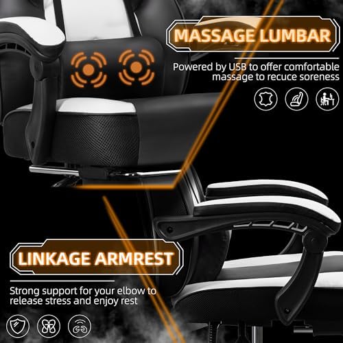 Shintenchi Gaming Chair,Video Game Chair with footrest and Massage Lumbar Support,Height Adjustable Game Chair with 360°Swivel Seat Ergonomic Computer Chair with Headrest for Office or Gaming(White)