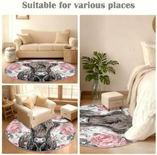 Highland Cattle Round Rug - 2ft Small Highland Cattle Round Area Rug for Entryway, Country Flowers Circle Rugs Washable Non-Slip Carpet for Bathroom Bedside Kitchen Decor Mat