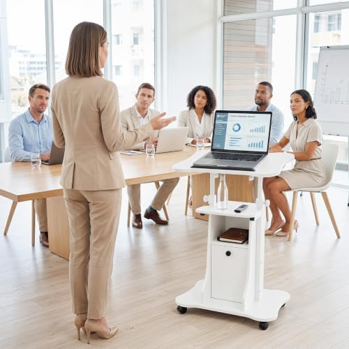 Giantex Mobile Podium Stand, Sit-to-Stand Laptop Cart with Tilting Tabletop & Storage Cabinet, Lockable Casters, Height-Adjustable Rolling Lectern for Classroom, Church, Home Office (White)