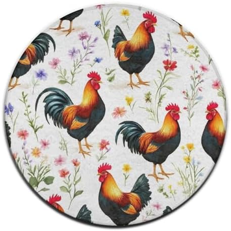 Men's Large Home Decor Mat, Soft Round Yoga Carpet, Non Slip Machine Washable Home Office Circle Rug Floral Flowers Chickens