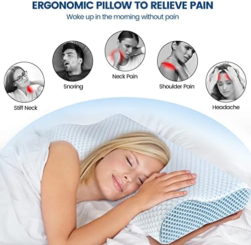 Polovo Neck Pillow Memory Foam Pillows for Sleeping, Ergonomic Cervical Pillow Neck Support Pillow Bed Pillow for Side Back Stomach Sleepers, Contour Pillow for Neck and Shoulder Pain Relief (Blue)