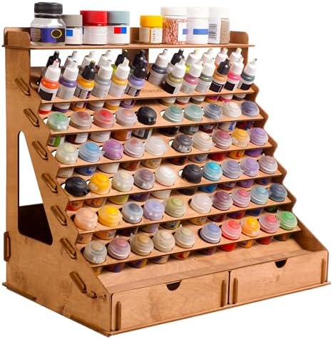 Plydolex Wooden Paint Organizer - 74 Holes Suitable for Vallejo, Citadel, Tamiya Paint Bottles - 14 Brushes Holes, 6 Minis Stands and 2 Drawers - Works for Warhammer, DnD and Other Miniatures