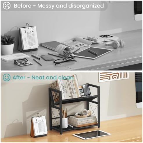 ELITEROO Desktop Bookshelf, 2 Tier Desk Book Organizer Shelf, Wood Tabletop Bookshelf Storage, Small Desk Top Bookcase for Office, Home, or Study, Mini Table Book Rack for Display, Black