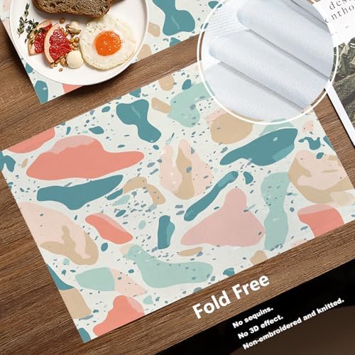 Batmerry Terrazzo Inspired Abstract Linen Placemats Set of 6, Pastel Geometric Shapes Washable Table Mats for Kitchen Table Thickened Heat Insulation Dining Set Indoor Outdoor 12X18 in